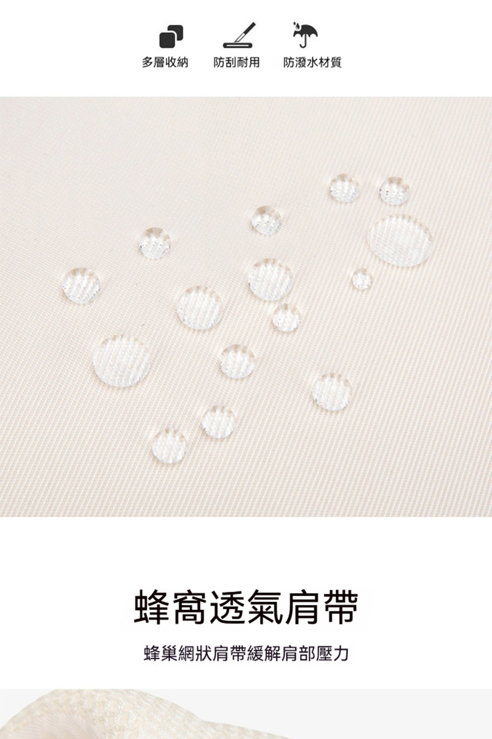 多層收納 防刮耐用 防潑水材質 蜂窩透氣肩帶 蜂巢網狀肩帶緩解肩部壓力 