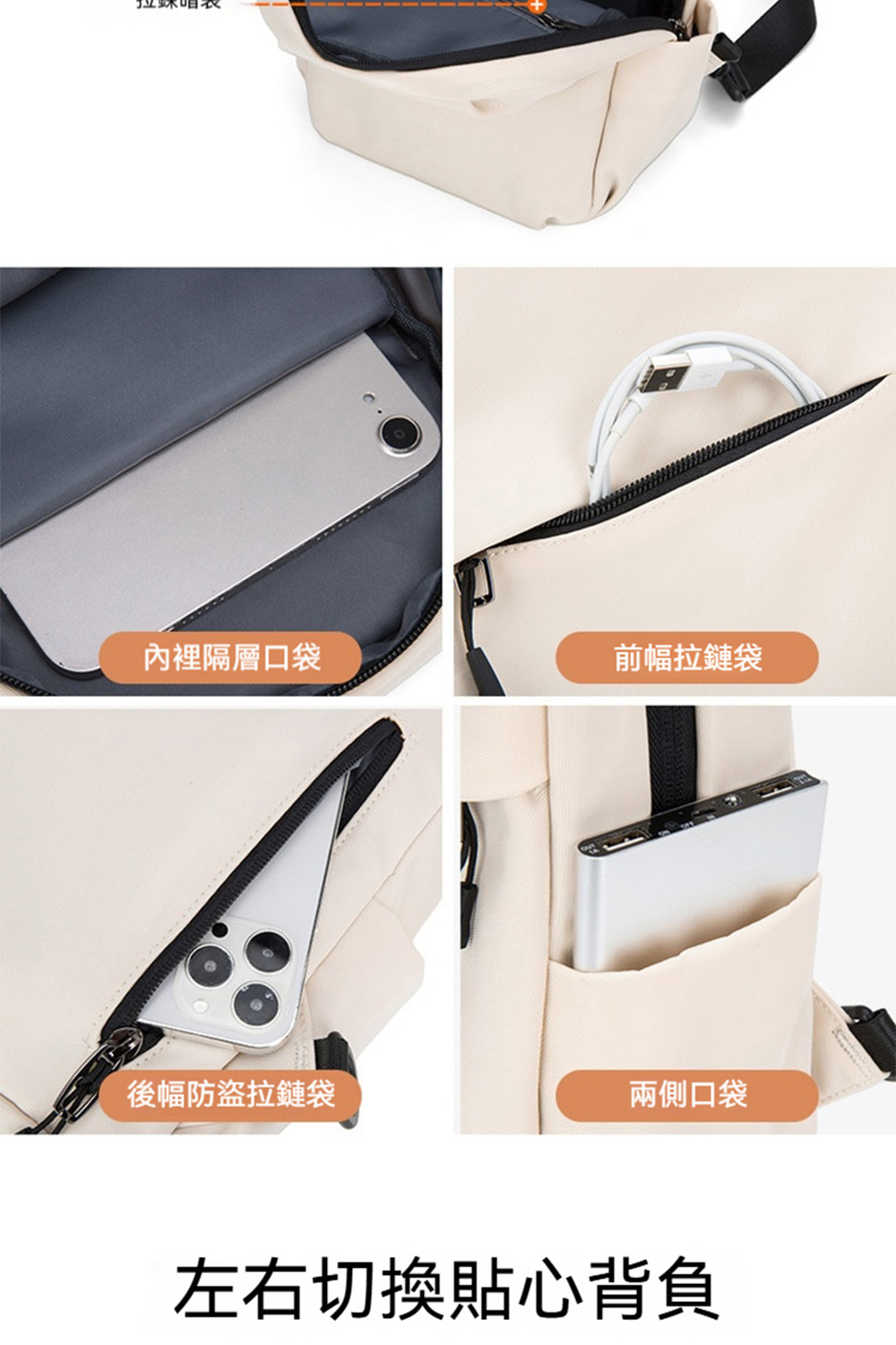內裡隔層口袋 前幅拉鏈袋 後幅防盜拉鏈袋 兩側口袋 左右切換貼心背負 