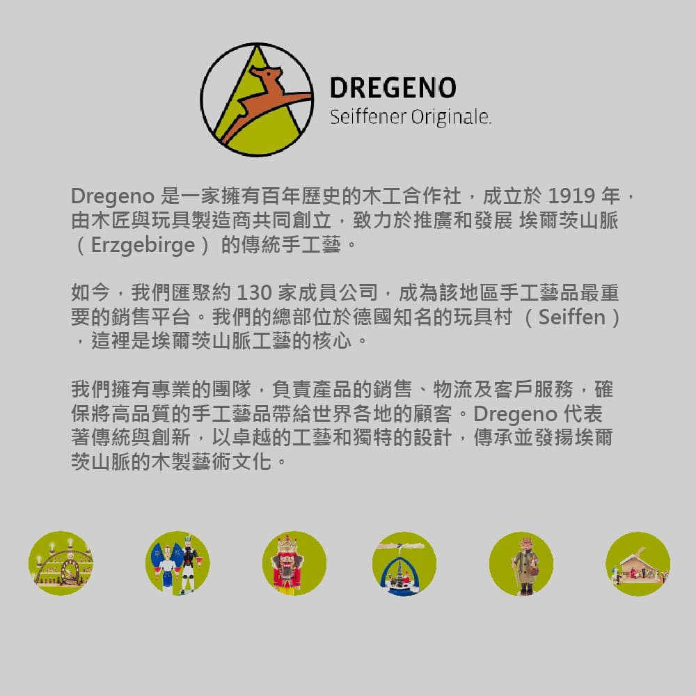 DREGENOSeiffener Originale.Dregeno 是一家擁有百年歷史的木工合作社成立於1919 年由木匠與玩具製造商共同創立,致力於推廣和發展 埃爾茨山脈(Erzgebirge)的傳統手工藝。如今,我們匯聚約130家成員公司,成為該地區手工藝品最重要的銷售平台。我們的總部位於德國知名的玩具村(Seiffen)這裡是埃爾茨山脈工藝的核心。,我們擁有專業的團隊,負責產品的銷售、物流及客戶服務,確保將高品質的手工藝品帶給世界各地的顧客。Dregeno 代表著傳統與創新,以卓越的工藝和獨特的設計,傳承並發揚埃爾茨山脈的木製藝術文化。