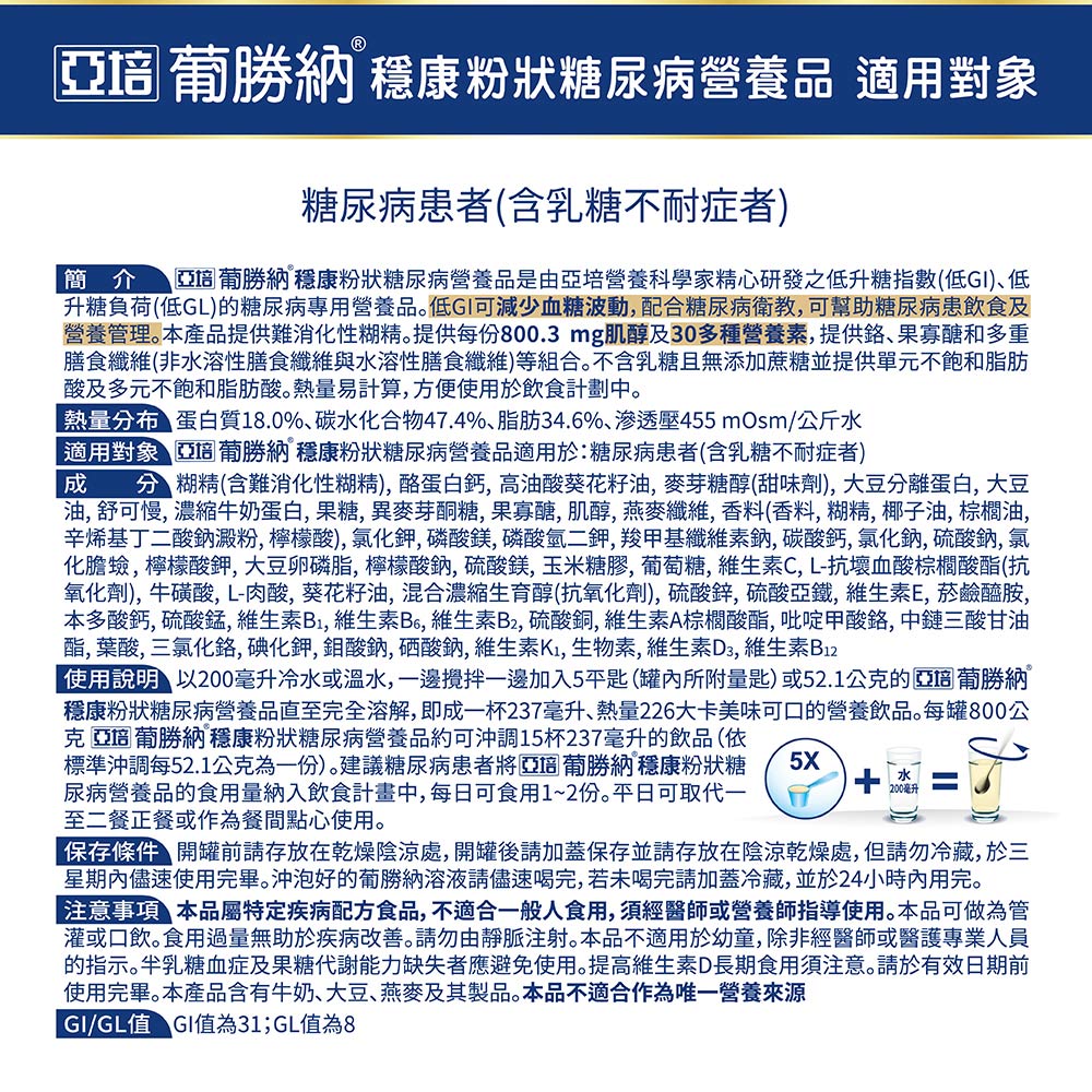 本多酸鈣, 硫酸錳,維生素B1,維生素B6, 維生素B2, 硫酸銅,維生素A棕櫚酸酯,吡啶甲酸鉻,中鏈三酸甘油