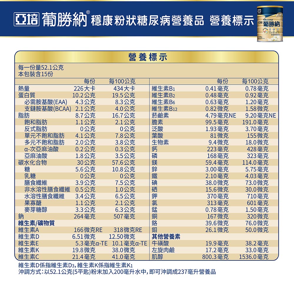 沖調方式以52.1公克5平匙粉末加入200毫升水中,即可沖調成237毫升營養品