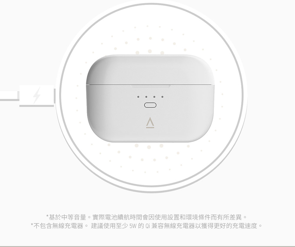 基於中等音量。實際電池續航時間會因使用設置和環境條件而有所差異。 不包含無線充電器。 建議使用至少5W 的 Qi 兼容無線充電器以獲得更好的充電速度。 