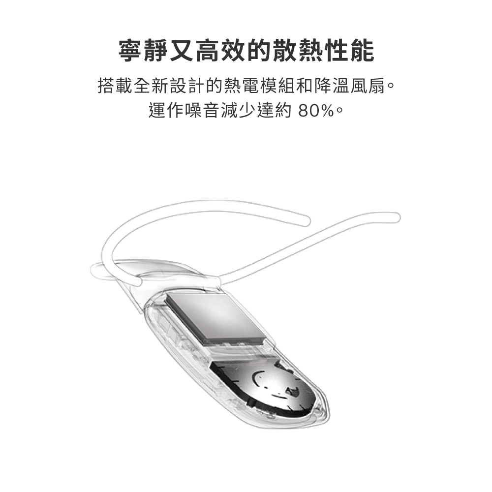 寧靜又高效的散熱性能 搭載全新設計的熱電模組和降溫風扇。 運作噪音減少達約 80%。 