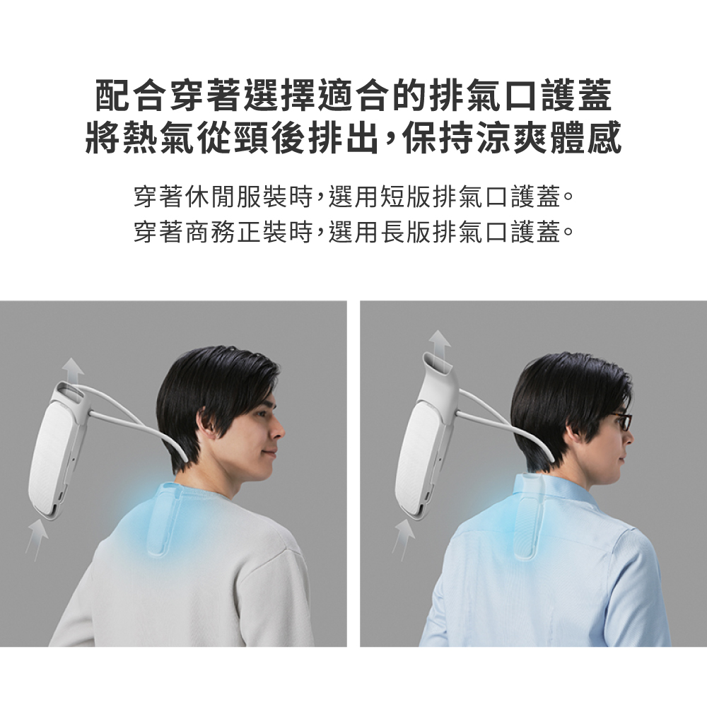 配合穿著選擇適合的排氣口護蓋 將熱氣從頸後排出,保持涼爽體感 穿著休閒服裝時,選用短版排氣口護蓋。 穿著商務正裝時,選用長版排氣口護蓋。 