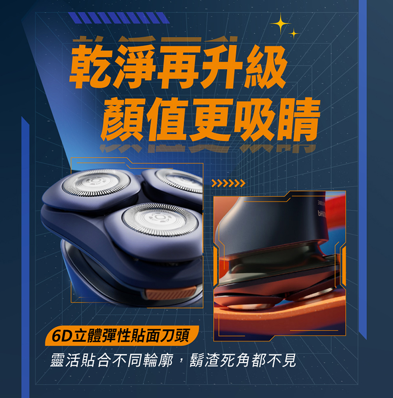 乾淨再升級 顏值更吸睛 6D立體彈性貼面刀頭 靈活貼合不同輪廓,鬍渣死角都不見 