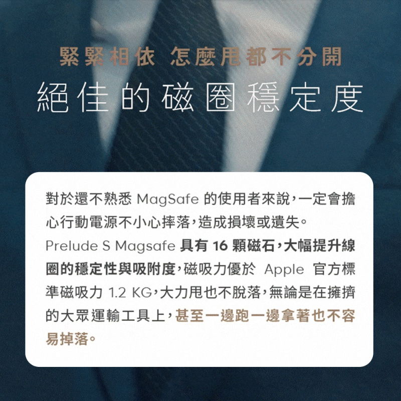 緊緊相依 怎麼分開絕佳的磁圈穩定度對於還不熟悉 MagSafe 的使用者來說,一定會擔心行動電源不小心摔落,造成損壞或遺失。Prelude S Magsafe 具有 16 顆磁石,大幅提升線圈的穩定性與吸附度,磁吸力優於 Apple 官方標準磁吸力 1.2 KG,大力也不脫落,無論是在擁擠的大眾運輸工具上,甚至一邊跑一邊拿著也不容易掉落。