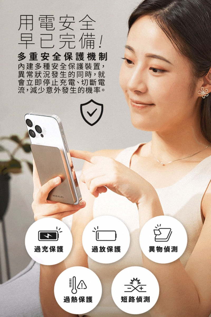 用電安全早已完備!多重安全保護機制多種安全保護裝置,異常狀況發生的同時,就會立即停止充電、切斷電流,減少意外發生的機率。過充保護過放保護異物偵測過熱保護短路偵測