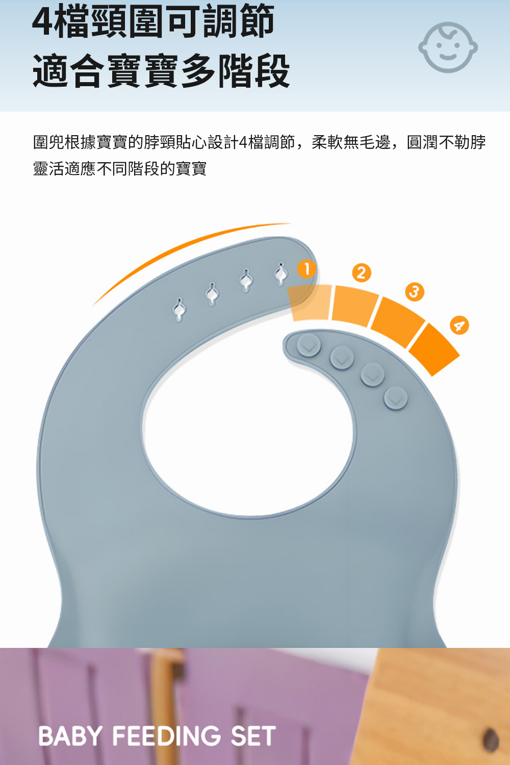 4檔頸圍可調節 適合寶寶多階段 圍兜根據寶寶的脖頸貼心設計4檔調節,柔軟無毛邊,圓潤不勒脖 靈活適應不同階段的寶寶 