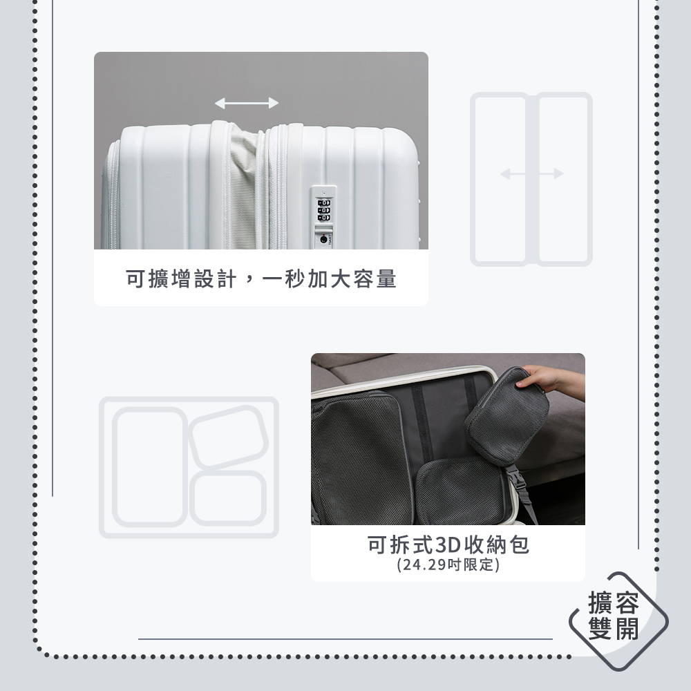 可擴增設計,一秒加大容量 可拆式3D收納包 24.29吋限定 .擴容 雙開 
