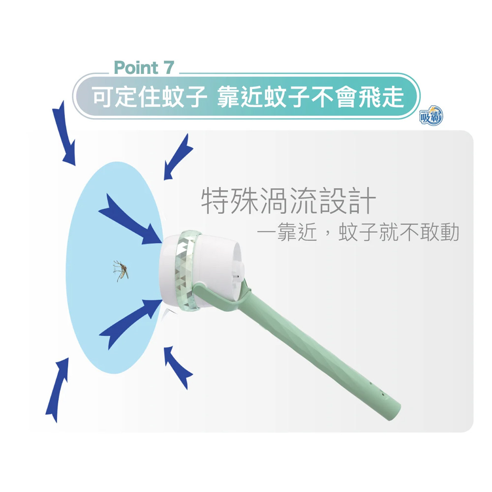 可定住蚊子 靠近蚊子不會飛走 特殊渦流設計 一靠近,蚊子就不敢動 