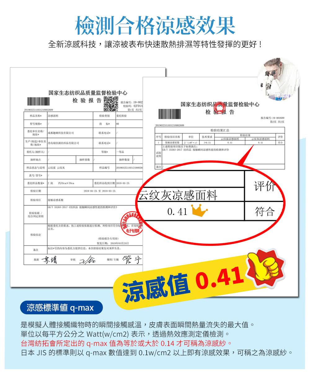 日本 JIS 的標準則以qmax數值達到0.1wcm2以上即有涼感效果,可稱之為涼感紗。