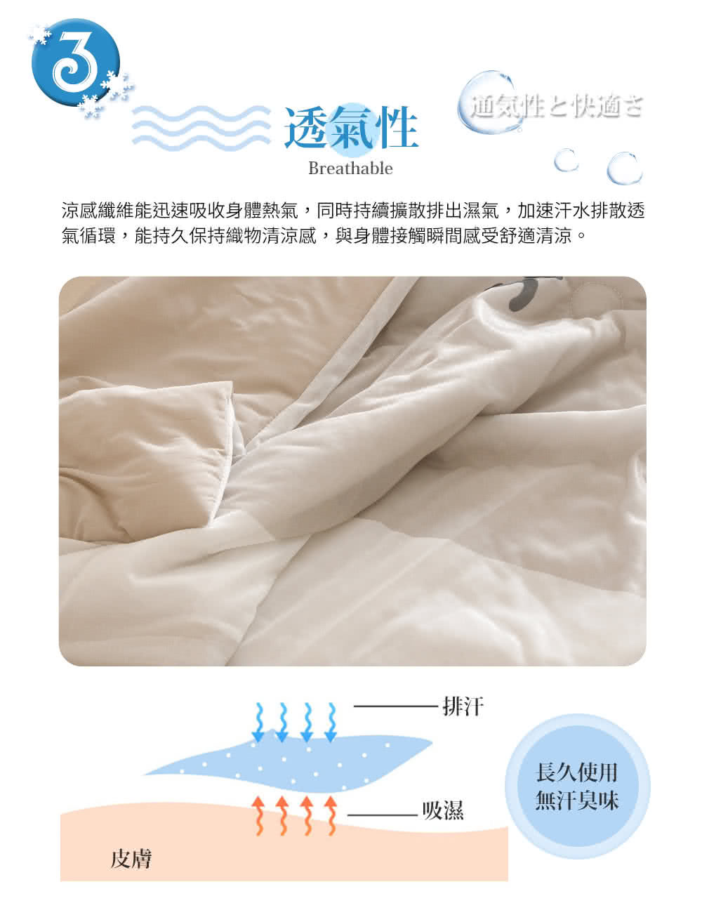涼感纖維能迅速吸收身體熱氣,同時持續擴散排出濕氣,加速汗水排散透