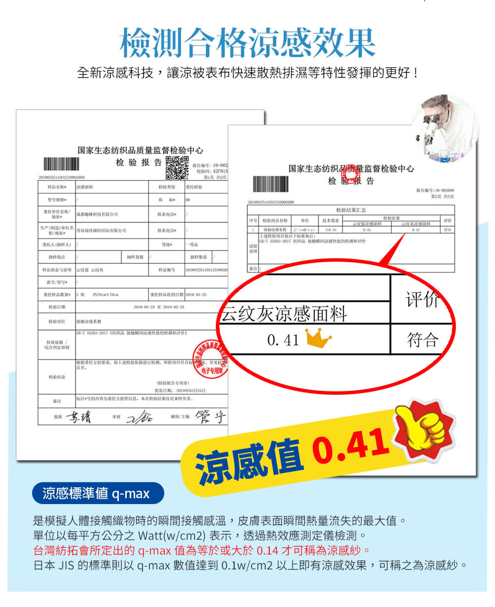 日本 JIS 的標準則以qmax數值達到0.1wcm2以上即有涼感效果,可稱之為涼感紗。