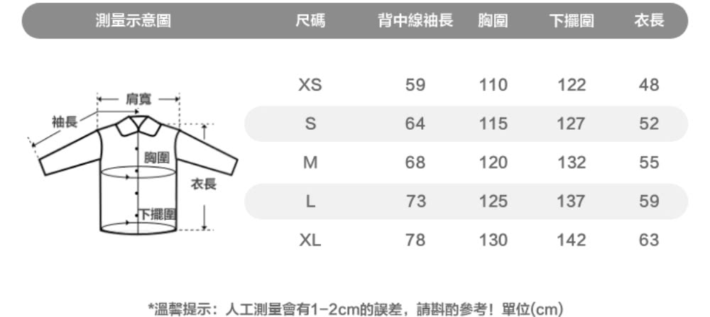 溫馨提示人工測量會有12cm的誤差,請斟酌參考單位cm