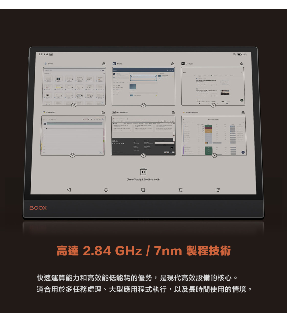 零數36% 高達2.84 GHz7nm 製程技術 快速運算能力和高效能低能耗的優勢,是現代高效設備的核心。 適合用於多任務處理、大型應用程式執行,以及長時間使用的情境。 