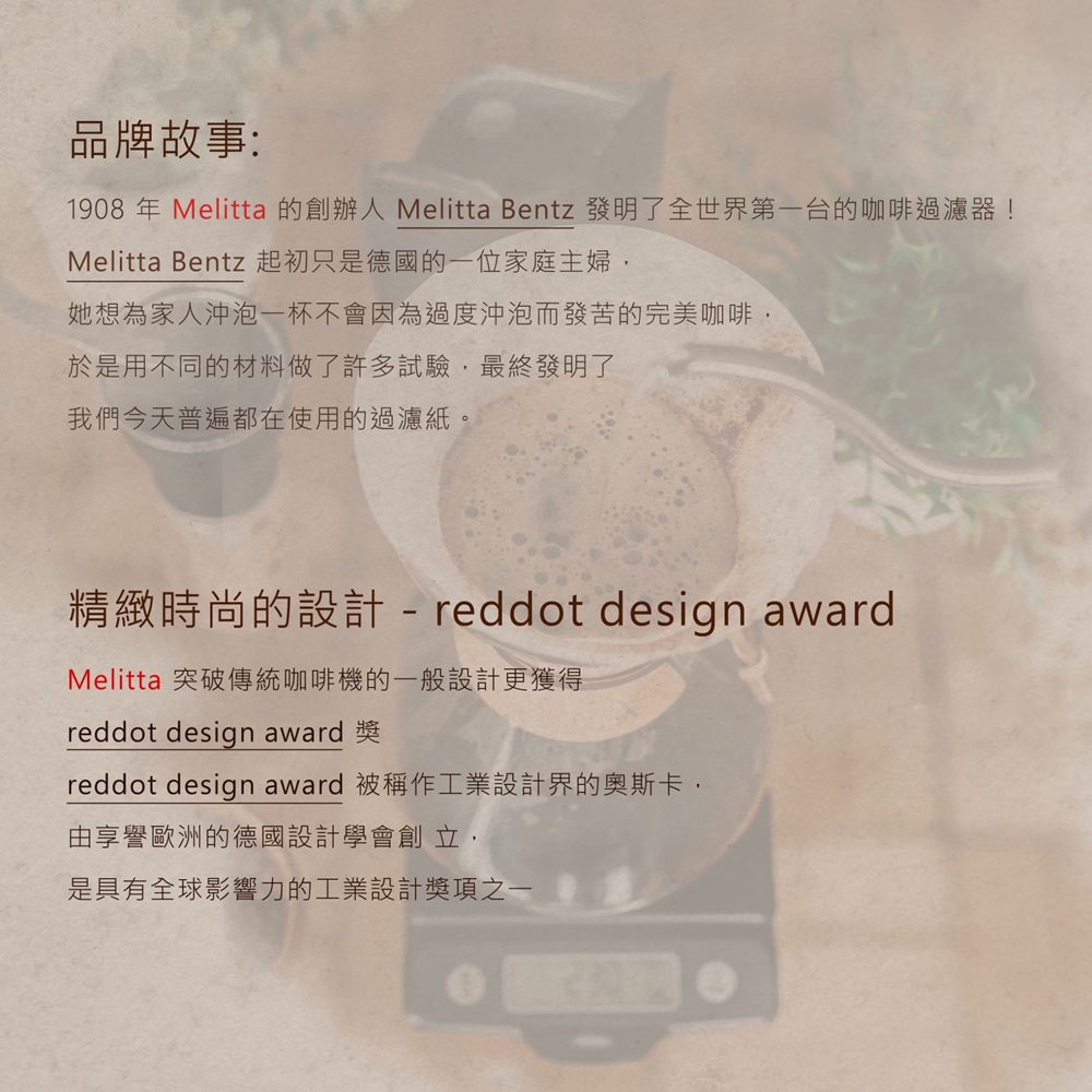 1908 年 Melitta 的創辦人 Melitta Bentz 發明了全世界第一台的咖啡過濾器