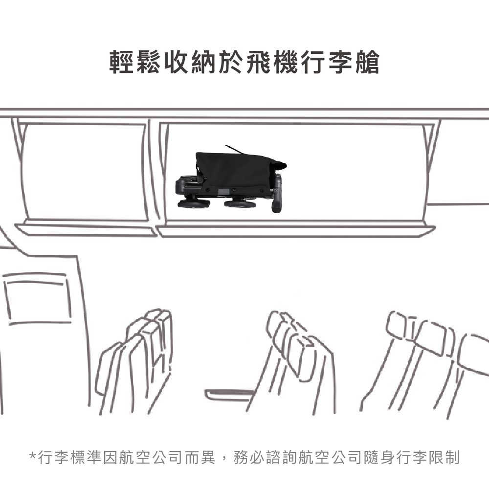 輕鬆收納於飛機行李艙 行李標準因航空公司而異,務必諮詢航空公司隨身行李限制