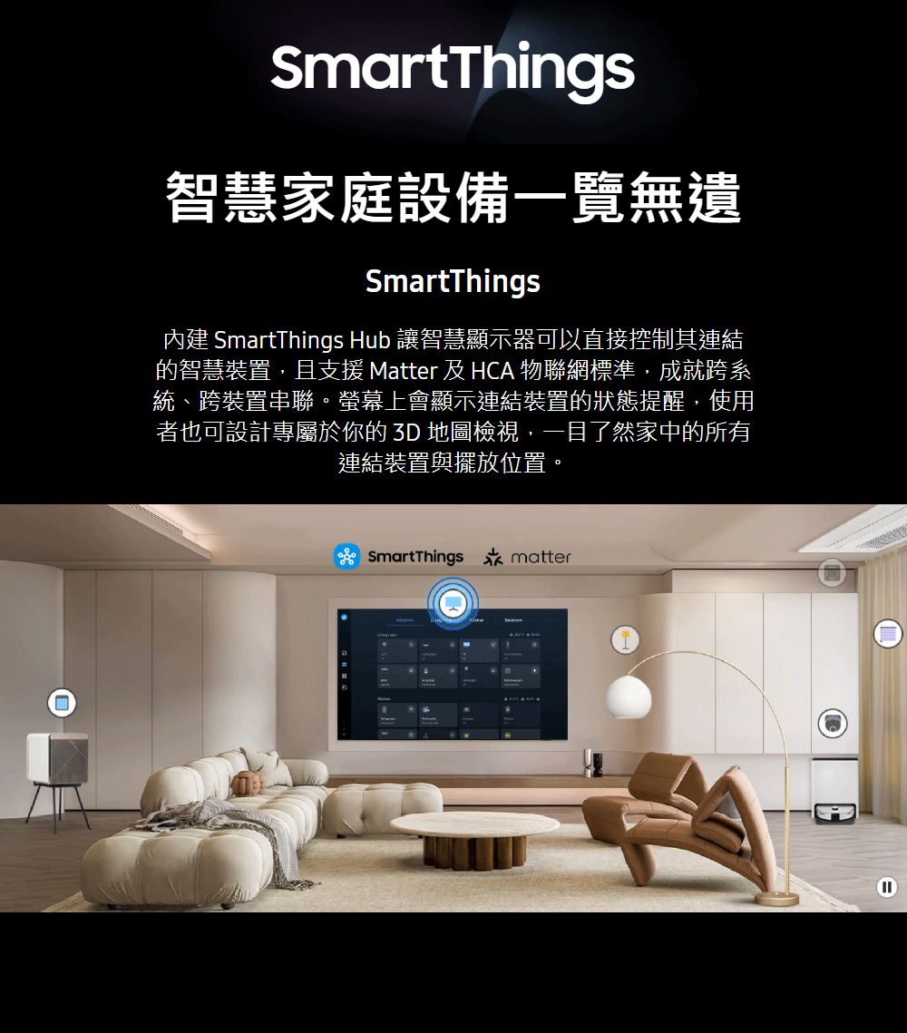 內建 SmartThings Hub 讓智慧顯示器可以直接控制其連結