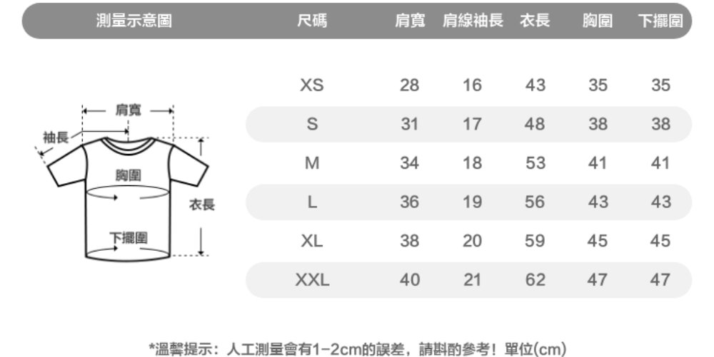 溫馨提示人工測量會有12cm的誤差,請斟酌參考單位cm