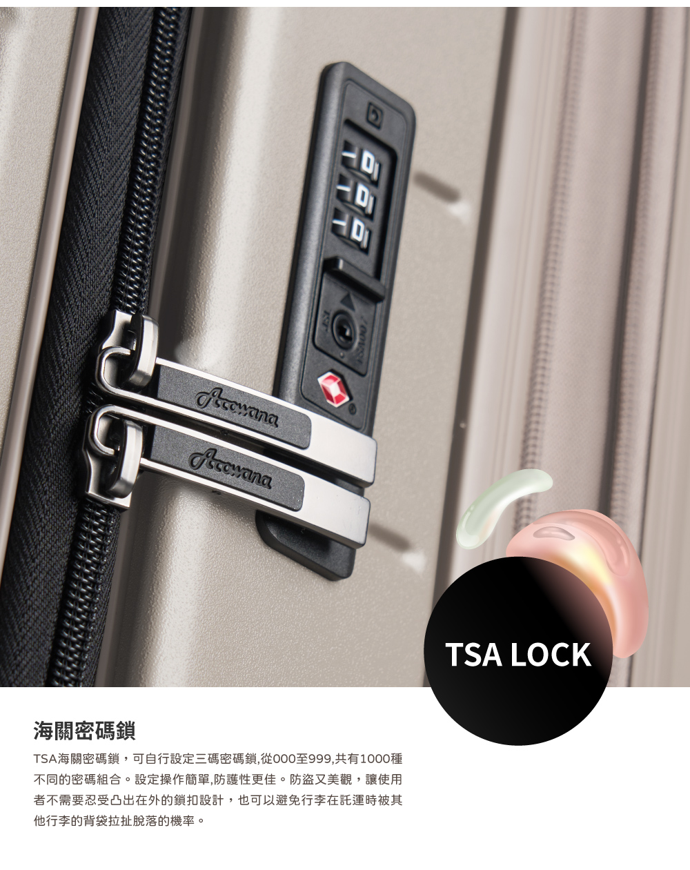 海關密碼鎖 TSA海關密碼鎖,可自行設定三碼密碼鎖,從000至999,共有1000種 不同的密碼組合。設定操作簡單,防護性更佳。防盜又美觀,讓使用 者不需要忍受凸出在外的鎖扣設計,也可以避免行李託運時被其 他行李的背袋拉扯脫落的機率。 