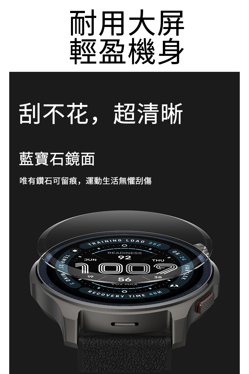 耐用大屏 輕盈機身 刮不花,超清晰 藍寶石鏡面 唯有鑽石可留痕,運動生活無懼刮傷 