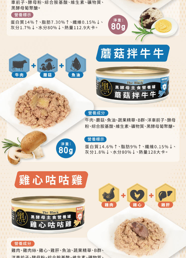 牛肉、蘑菇、魚油、蔬果精華、B群、洋車前子、酵母