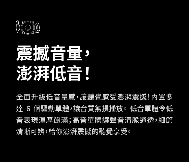 達 6 個驅動單體,讓音質無損播放。低音單體令低