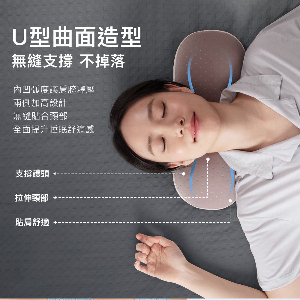 U型曲面造型無縫支撐 不掉落內凹弧度讓肩膀釋壓兩側加高設計無縫貼合頸部全面提升睡眠舒適感支撐護頭拉伸頸部貼肩舒適
