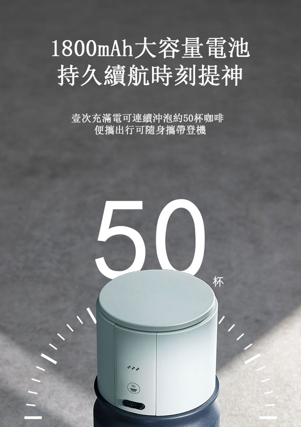 1800mAh大容量電池 持久續航時刻提神 壹次充滿電可連續沖泡約50杯咖啡 便攜出行可隨身攜帶登機 