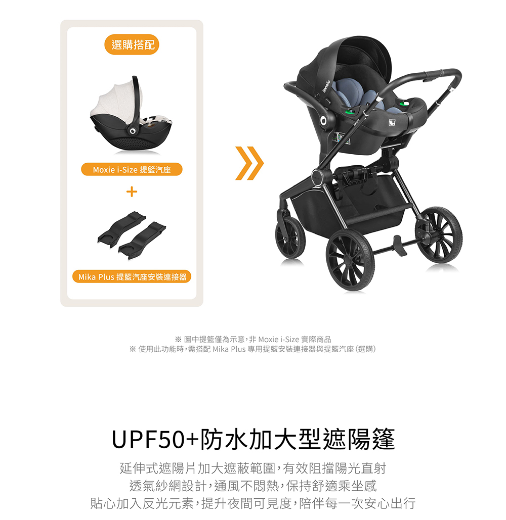 使用此功能時,需搭配 Mika Plus 專用提籃安裝連接器與提籃汽座選購