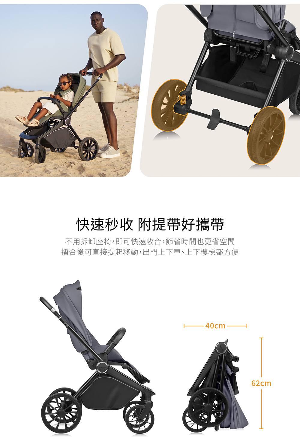 快速秒收 附提帶好攜帶 不用拆卸座椅,即可快速收合,節省時間也更省空間 摺合後可直接提起移動,出門上下車、上下樓梯都方便 