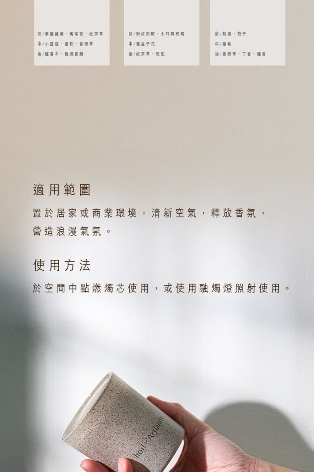 於空間中點燃燭芯使用,或使用融燭燈照射使用。