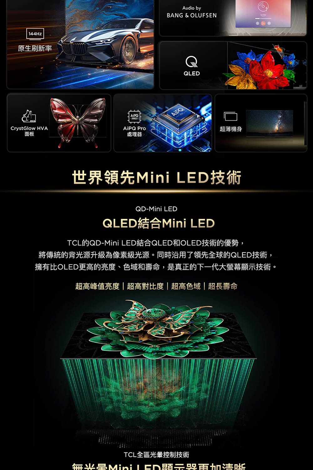 144Hz原生刷新率Audio byBANG & OLUFSENQCrystGlow HVA面板PRO) Pro處理器超薄機身世界領先Mini LED技術QD-Mini LEDQLED Mini LEDTCL的QD-Mini LED結合QLED和OLED技術的優勢,將傳統的背光源升級為像素級光源。同時沿用了領先全球的QLED技術,擁有比OLED更高的亮度、色域和壽命,是真正的下一代大螢幕技術。超高峰值亮度超高對比度|超高色域|超長壽命TCL全區光暈控制技術Mini LED顯示哭