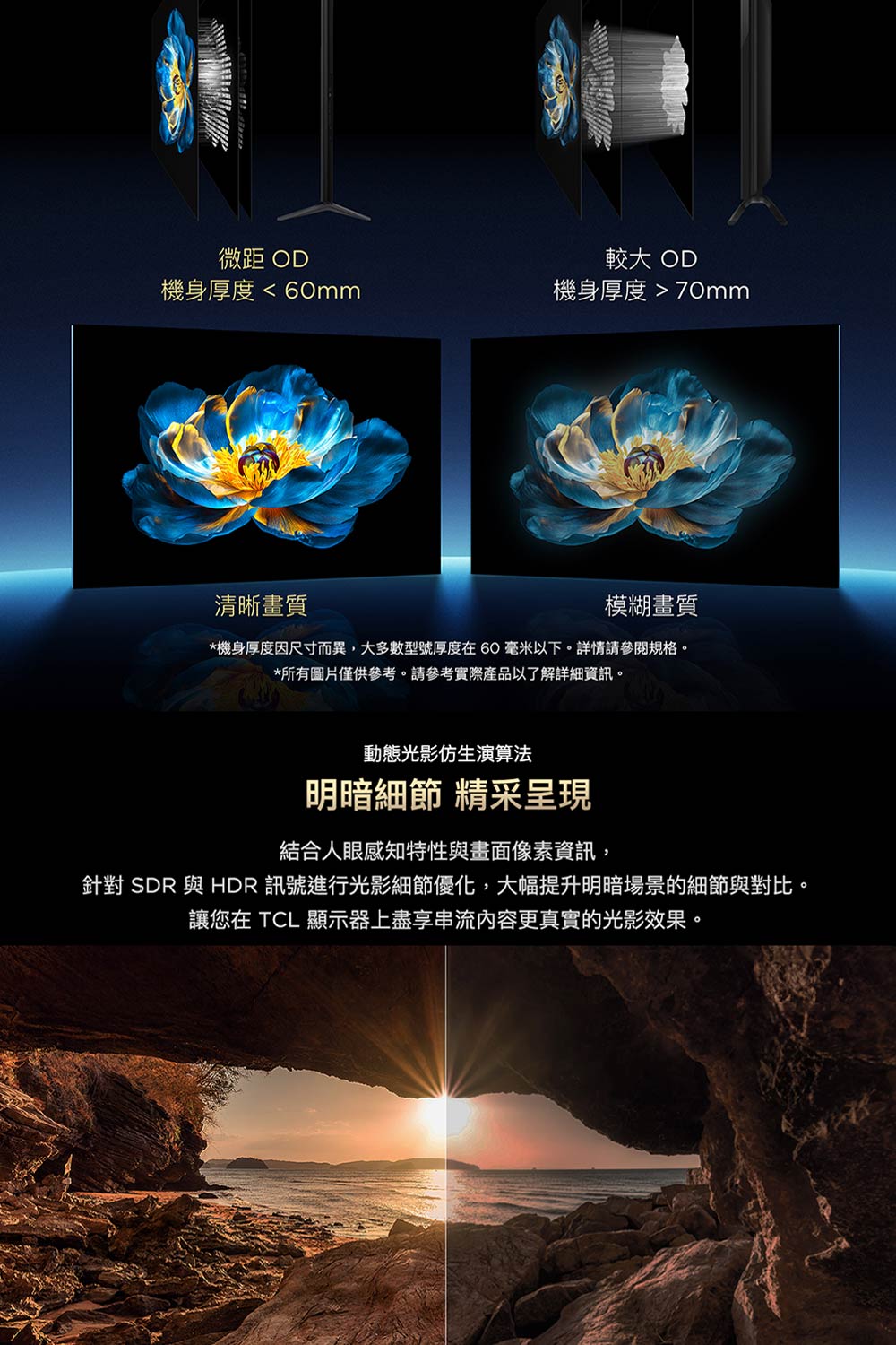微距 OD較大 OD機身厚度  60mm機身厚度 70mm清晰畫質模糊畫質*機身厚度因尺寸而異,大多數型號厚度在60毫米以下。詳情參閱規格。*所有圖片僅供參考。請參考實際產品以了解詳細資訊。動態光影仿生演算法明暗細節 精采呈現結合人眼感知特性與畫面像素資訊,針對 SDR 與 HDR 訊號進行光影細節優化,大幅提升明暗場景的細節與對比。讓您在 TCL 顯示器上盡享串流內容更真實的光影效果。