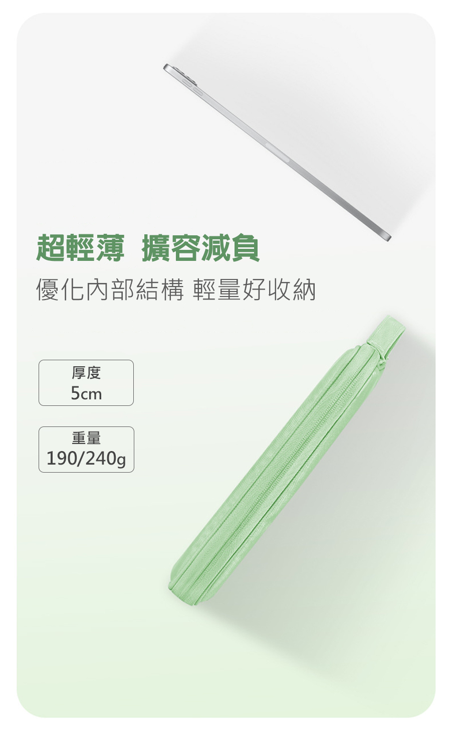 超輕薄 擴容減負 優化內部結構 輕量好收納 厚度 重量 