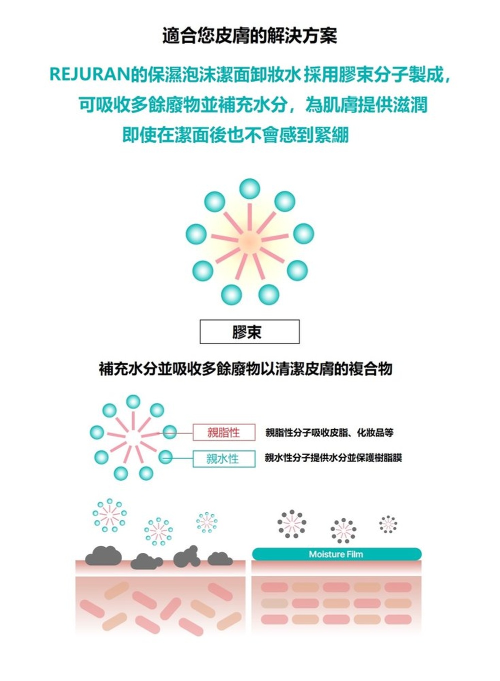 適合您皮膚的解決方案REJURAN的保濕泡沫潔面水採用分子製成,可吸收多餘廢物並補充水分,為肌膚提供滋潤即使在潔面後也不會感到緊膠束補充水分並吸收多餘廢物以清潔皮膚的複合物親脂性親脂性分子吸收皮脂、化妝品等親水性親水性分子提供水分並保護樹脂膜Moisture Film