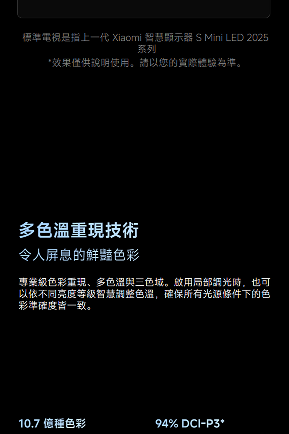 標準電視是指上一代 Xiaomi 智慧顯示器 S Mini LED 2025系列*效果僅供說明使用。請以您的實際體驗為準。多色溫重現技術令人屏息的鮮豔色彩專業級色彩重現、多色溫與三色域。啟用局部調光時,也可以依不同亮度等級智慧調整色溫,確保所有光源條件下的色彩準確度皆一致。10.7億種色彩94% DCI-P3*