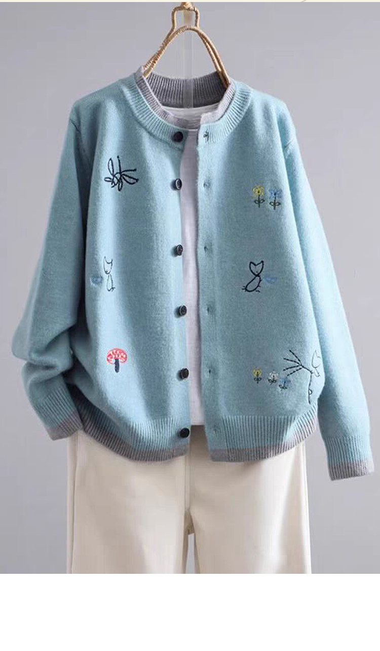 初色】休閒寬鬆刺繡圓領長袖針織毛衣開衫上衣女上衣-共5色-16134(F可選