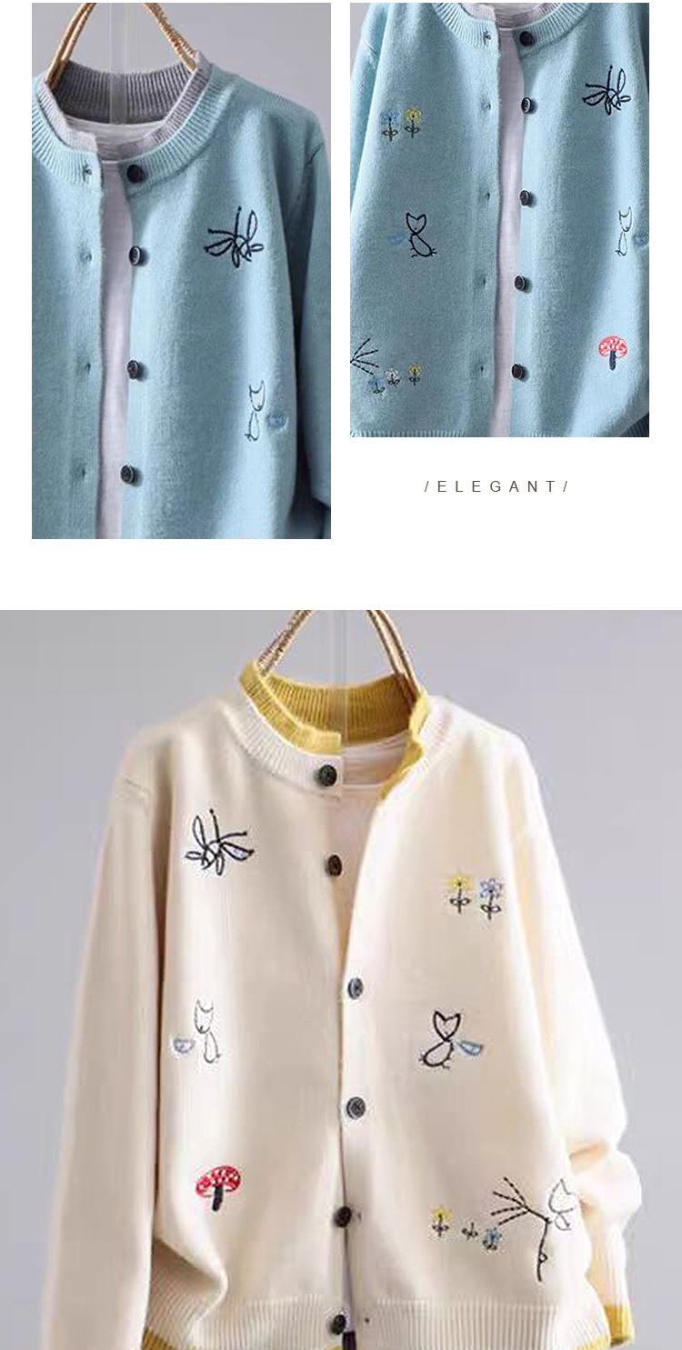 初色】休閒寬鬆刺繡圓領長袖針織毛衣開衫上衣女上衣-共5色-16134(F可選
