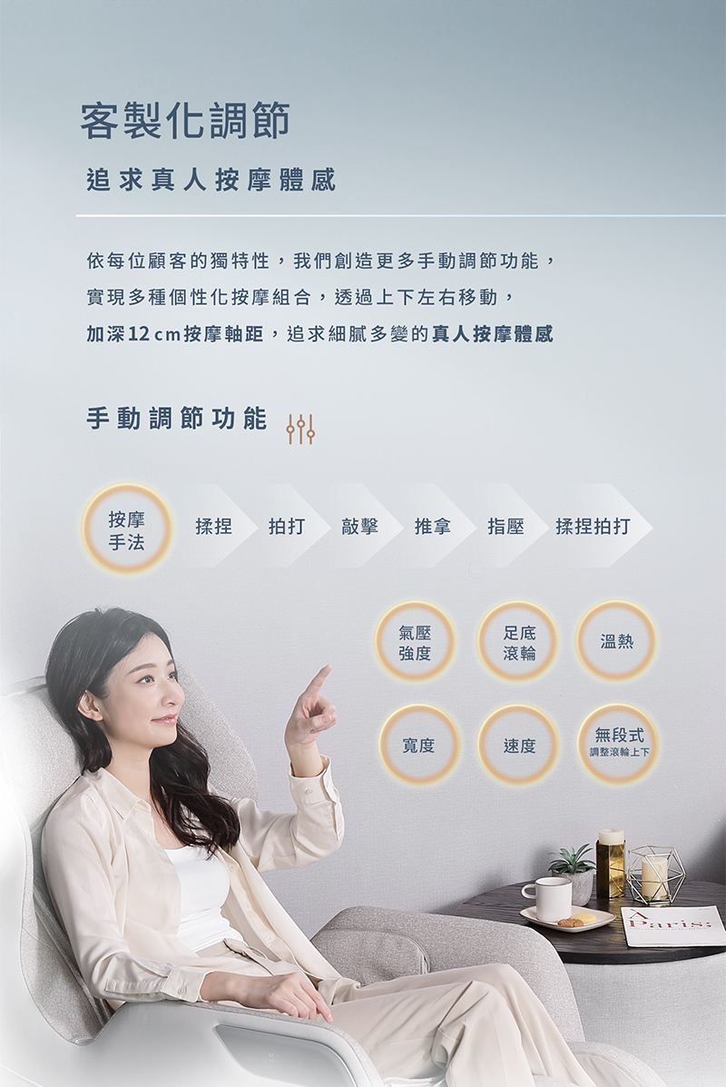 加深12 cm按摩軸距,追求細膩多變的真人按摩體感