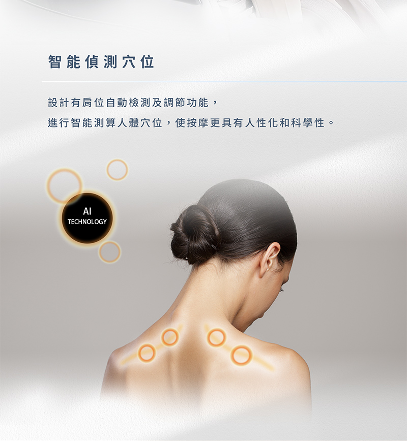 智能偵測六位 設計有肩位自動檢測及調節功能, 進行智能測算人體穴位,使按摩更具有人性化和科學性。 