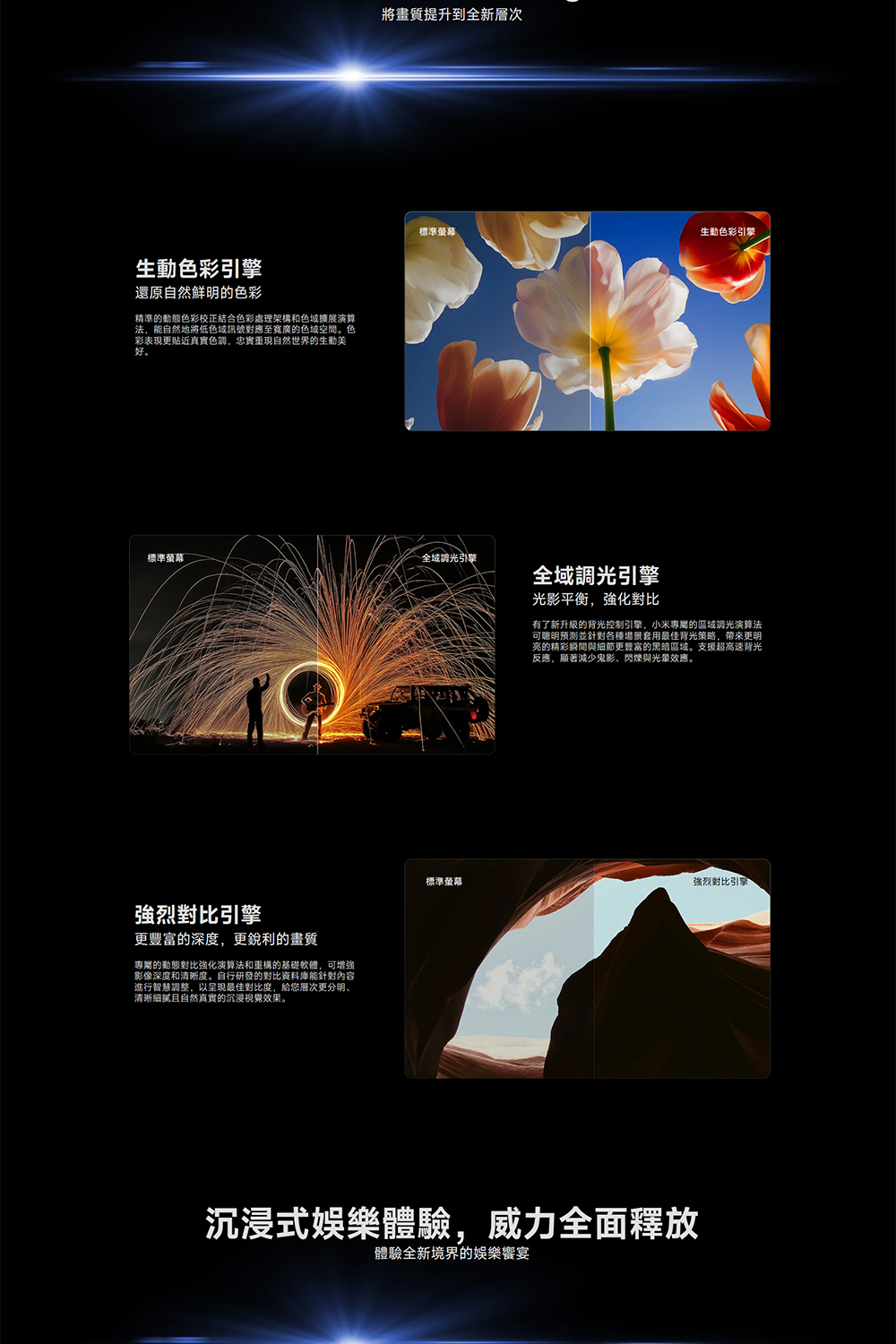 色彩引擎還原自然鮮明色彩精準的動態色彩校正結合色彩處理架構和色域擴展演算法能自然地將低色域訊號對應至寬廣的色域空間。色彩表現更貼近真實色調,忠實重現自然世界的生動好。將畫質提升到全新層次標準螢幕生動色彩引擎標準螢幕全域調光引擎全域調光引擎強烈對比引擎更豐富的深度,更銳利的畫質專屬的動態對比強化演算法和重構的基礎軟體,可增強影像深度和度。自行研發的對比資料庫能針對內容進行智慧調整,以呈現最佳對比度,給您層次更分明、清晰且自然真實的沉浸視覺效果。光影平衡,強化對比有了新升级的背光控制引擎,小米專屬的區域調光演算法可預測並針對各種場景套用最佳背光策略,帶來更明亮的精彩瞬間與細節更豐富的黑暗區域。支援超高速背光反應,顯著減少鬼影、閃爍與效應。標準螢幕強烈對比引擎沉浸式娛樂體驗,威力全面釋放體驗全新境界的娛樂宴