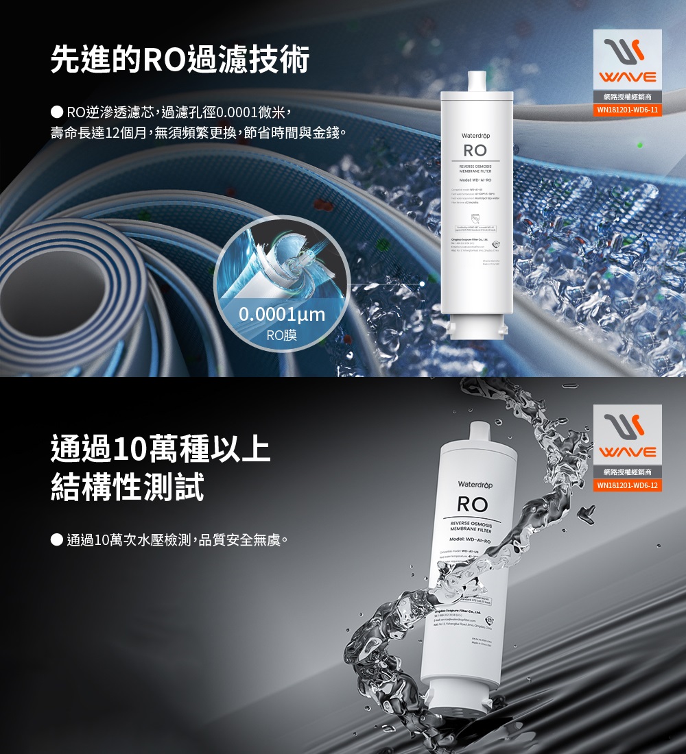 Waterdrop A1桌上型RO飲水機RO逆滲透濾芯展示,說明0.0001微米過濾孔徑與結構測試