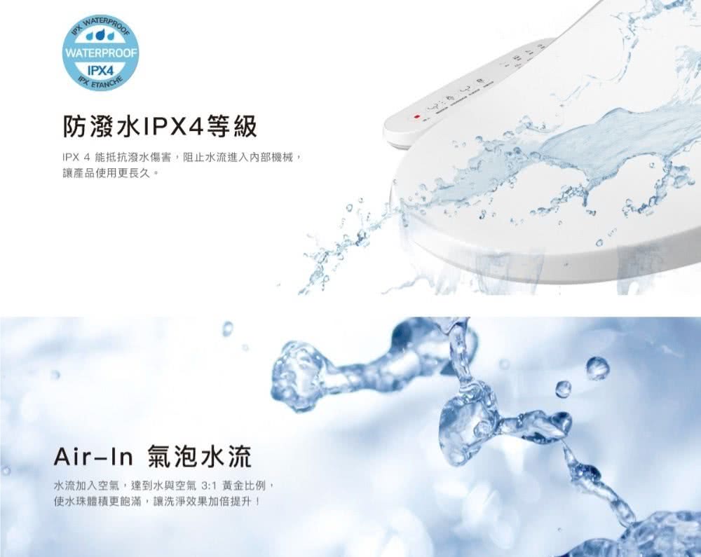 WATERPROOFI4PX ETANCHE防潑水IPX4等級IPX4 能抵抗潑水傷害阻止水流進入內部機械,讓產品使用更長久。Air-In 氣泡水流水流加入空氣,達到水與空氣 3:1 黃金比例,使水珠體積更飽滿,讓洗淨效果加倍提升!