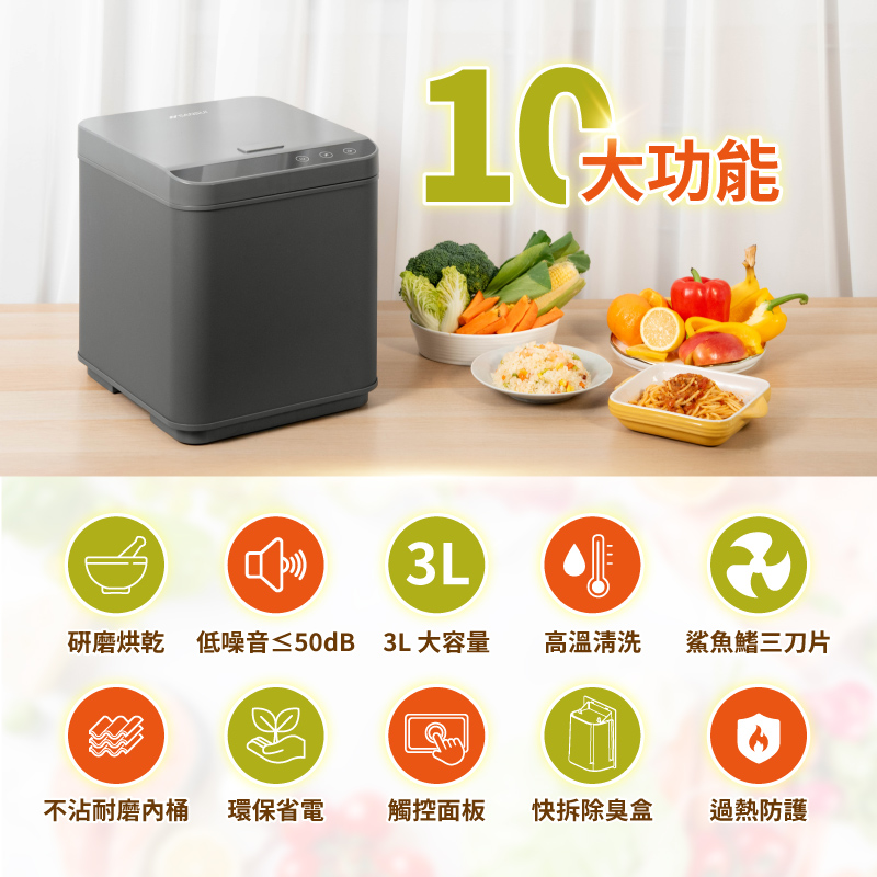 1大功能D3L研磨烘亁 低噪音≤50dB 3L 大容量高溫清洗鯊魚鰭三刀片不沾耐磨桶 環保省電觸控面板快拆除臭盒過熱防護
