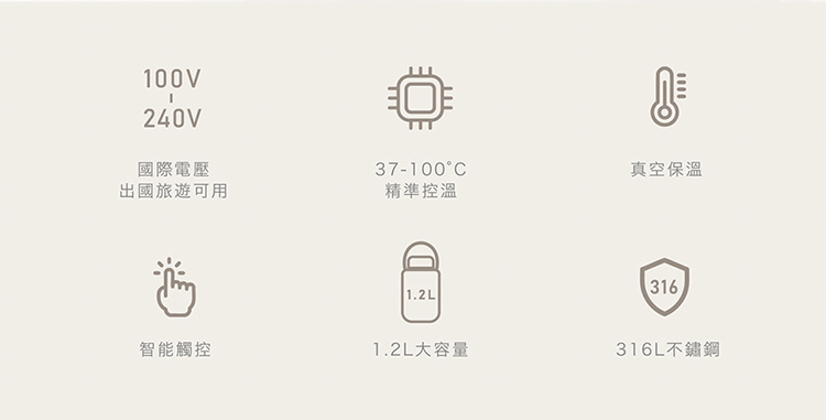 100V240V國際電壓37-100°C出國旅遊可用精準控溫1.2L真空保溫316智能觸控1.2L大容量316L不鏽鋼