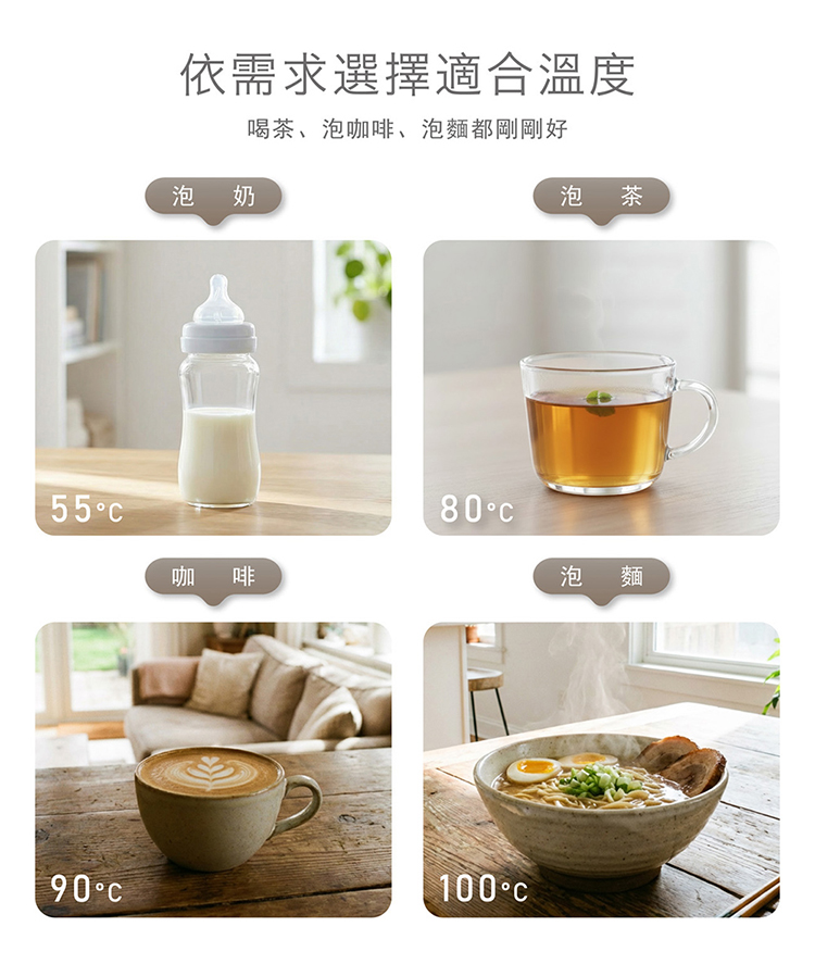依需求選擇適合溫度泡奶喝茶、泡咖啡、泡麵都剛剛好泡茶55咖啡8090100°泡麵