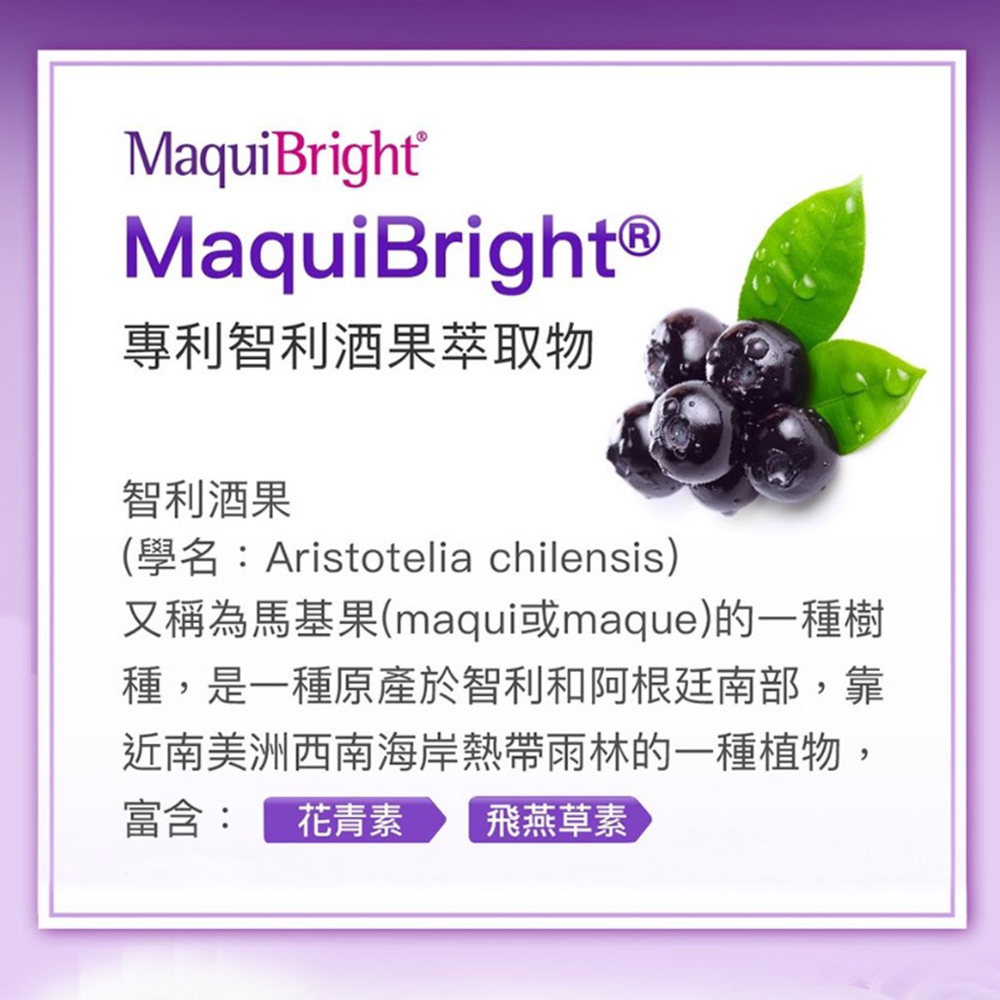 MaquiBright®MaquiBright®專利智利酒果萃取物智利酒果(學名:Aristotelia chilensis)又稱為馬基果(maqui或maque)的一種樹種,是一種原產於智利和阿根廷南部,靠近南美洲西南海岸熱帶雨林的一種植物,富含: 花青素 飛燕草素