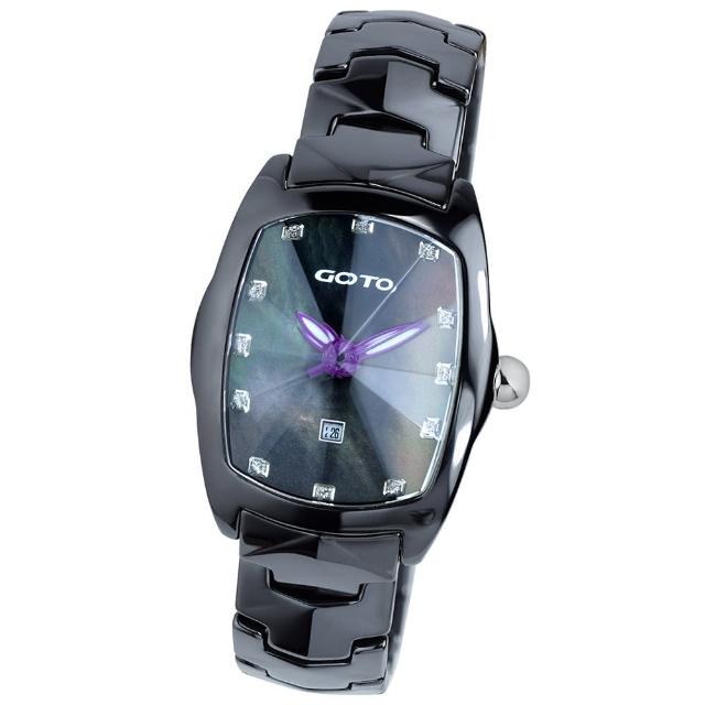 【GOTO】簡約晶鑽陶瓷腕錶(黑x紫色指針)