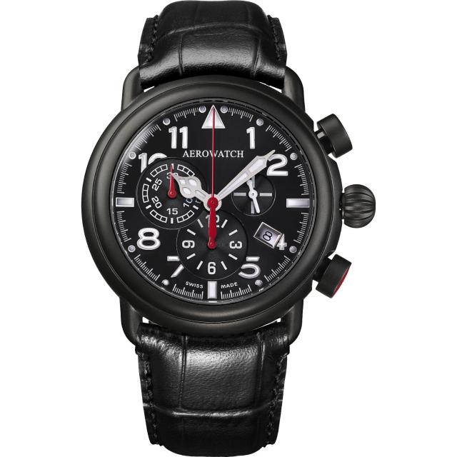 【AEROWATCH】都會仕紳三眼計時腕錶-黑x黑框/44mm(A83939NO05)
